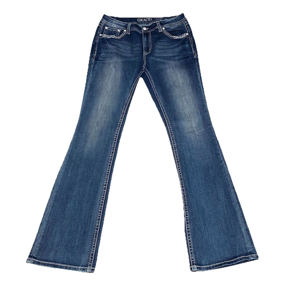 Grace in LA Jeans Womens 30 Blue Easy Fit Bootcut Embellished Pocket Bling
